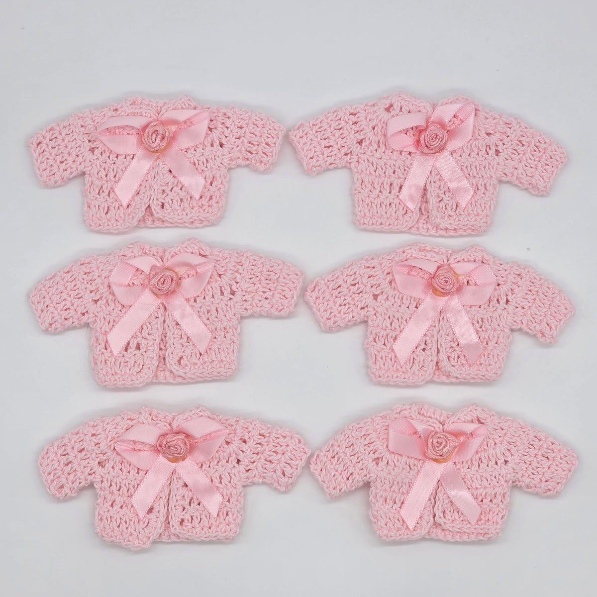 6pc Mini Pink Crochet Jacket Party Favor - Tiny Sweater Party Gift for Baby Shower & Reveal | With Gold or Rose Gold Hangers & Rack