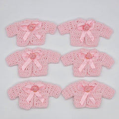6pc Mini Pink Crochet Jacket Party Favor - Tiny Sweater Party Gift for Baby Shower & Reveal | With Gold or Rose Gold Hangers & Rack