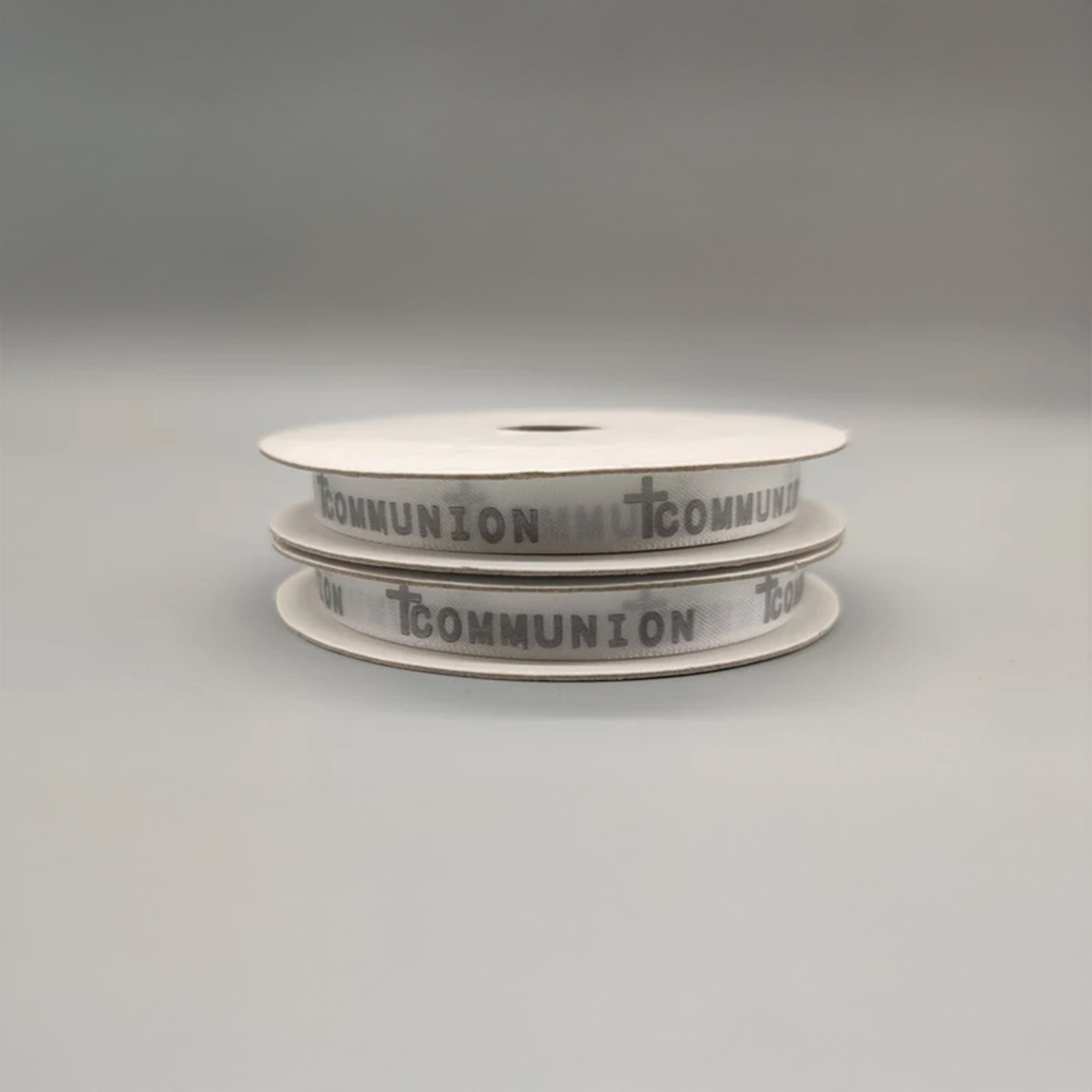 Communion Ribbon – Holy Cross, Silver Embossed, 10 Yards