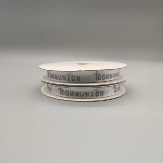 Communion Ribbon – Holy Cross, Silver Embossed, 10 Yards