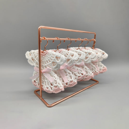 Set of 6 - Baby Dress, Baby shower favors, Baby Pink, Crochet mini dress, cute party favors, quinceanera; hanger with rack option available