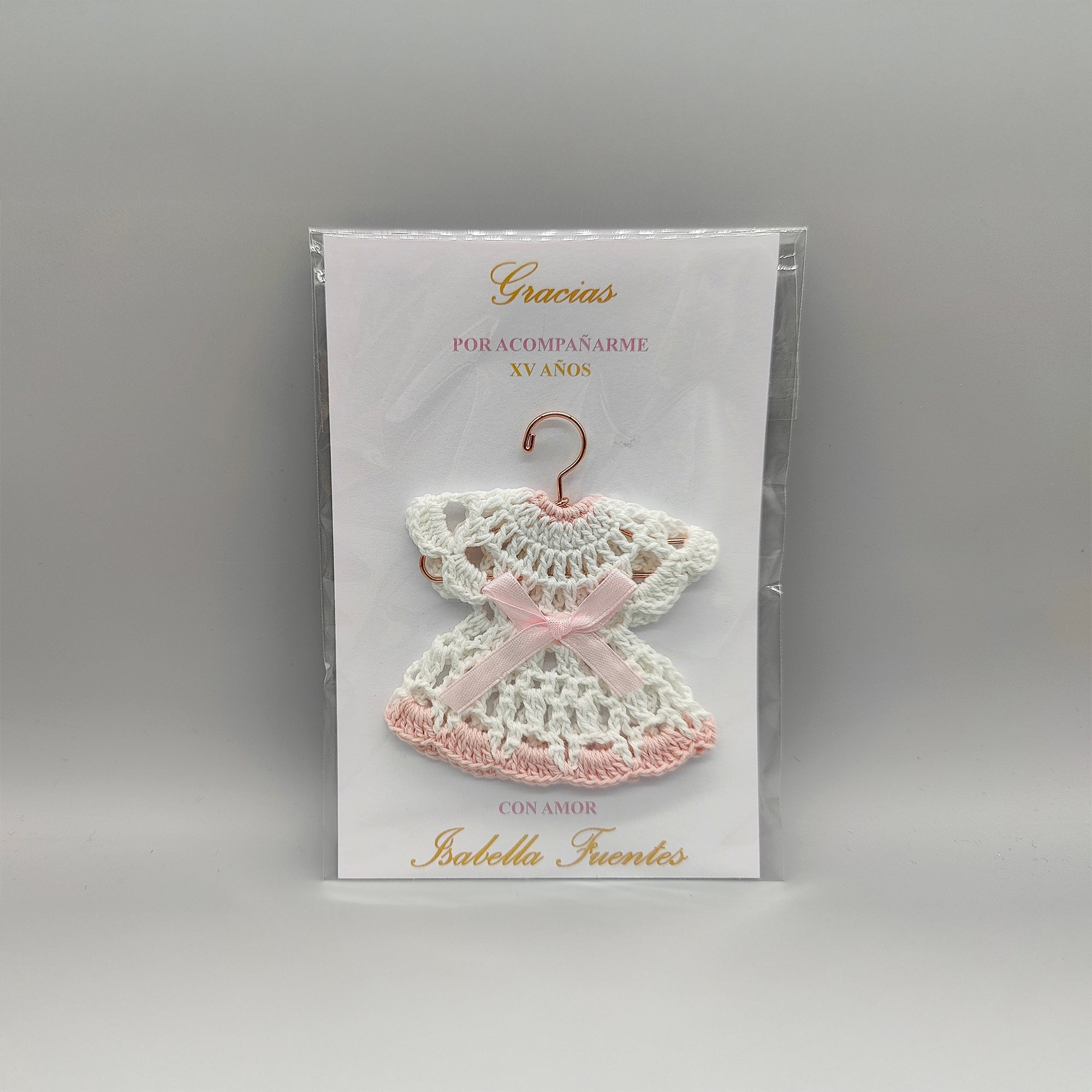 Customized crochet favor dress with pink bow and hanger. Personalized card and dress for Quinceanera or baby shower. FREE SHIPPING! Set of 6