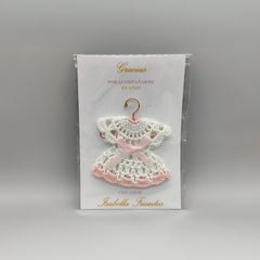 Customized crochet favor dress with pink bow and hanger. Personalized card and dress for Quinceanera or baby shower. FREE SHIPPING! Set of 6