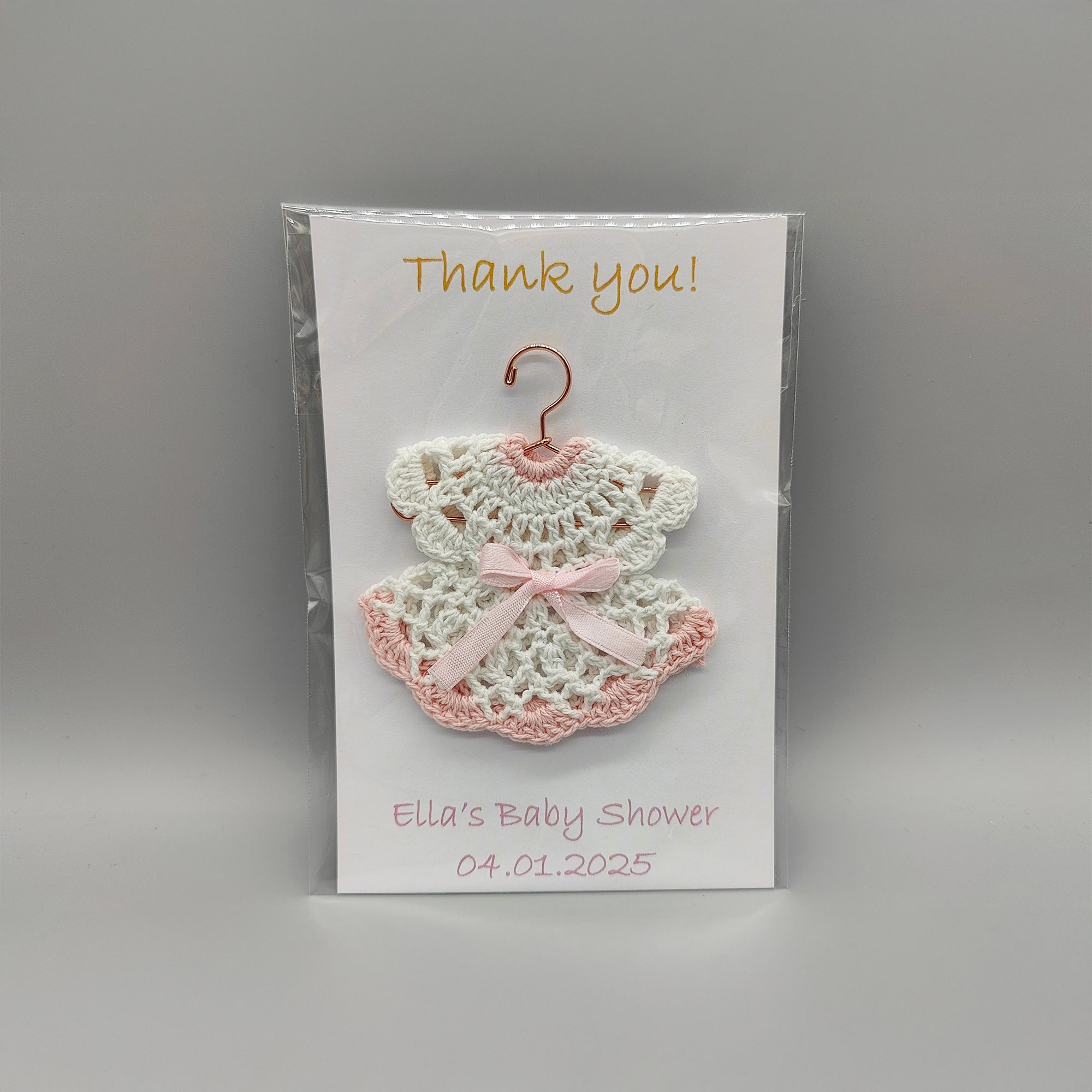 Customized crochet favor dress with pink bow and hanger. Personalized card and dress for Quinceanera or baby shower. FREE SHIPPING! Set of 6
