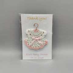 Customized crochet favor dress with pink bow and hanger. Personalized card and dress for Quinceanera or baby shower. FREE SHIPPING! Set of 6
