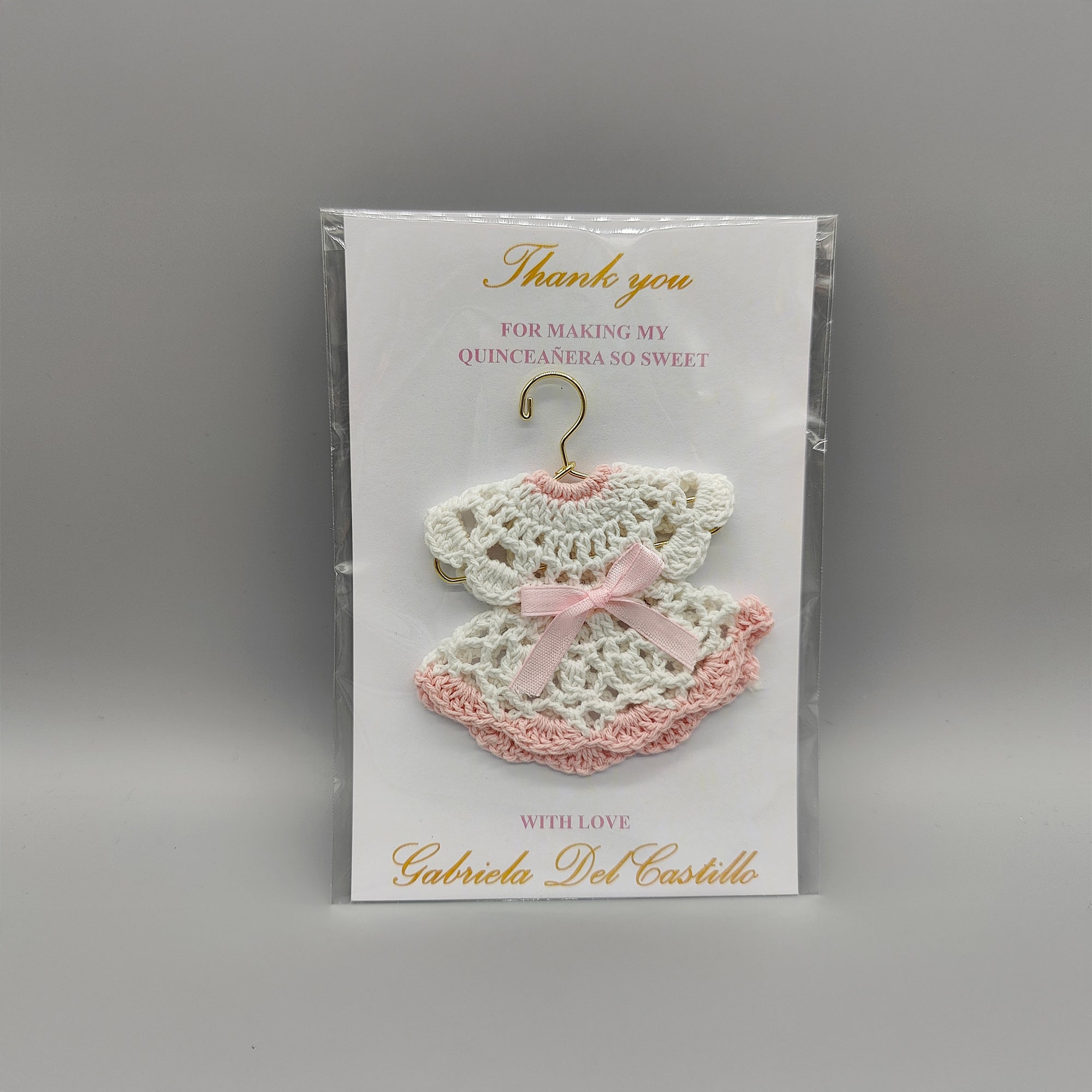Customized crochet favor dress with pink bow and hanger. Personalized card and dress for Quinceanera or baby shower. FREE SHIPPING! Set of 6