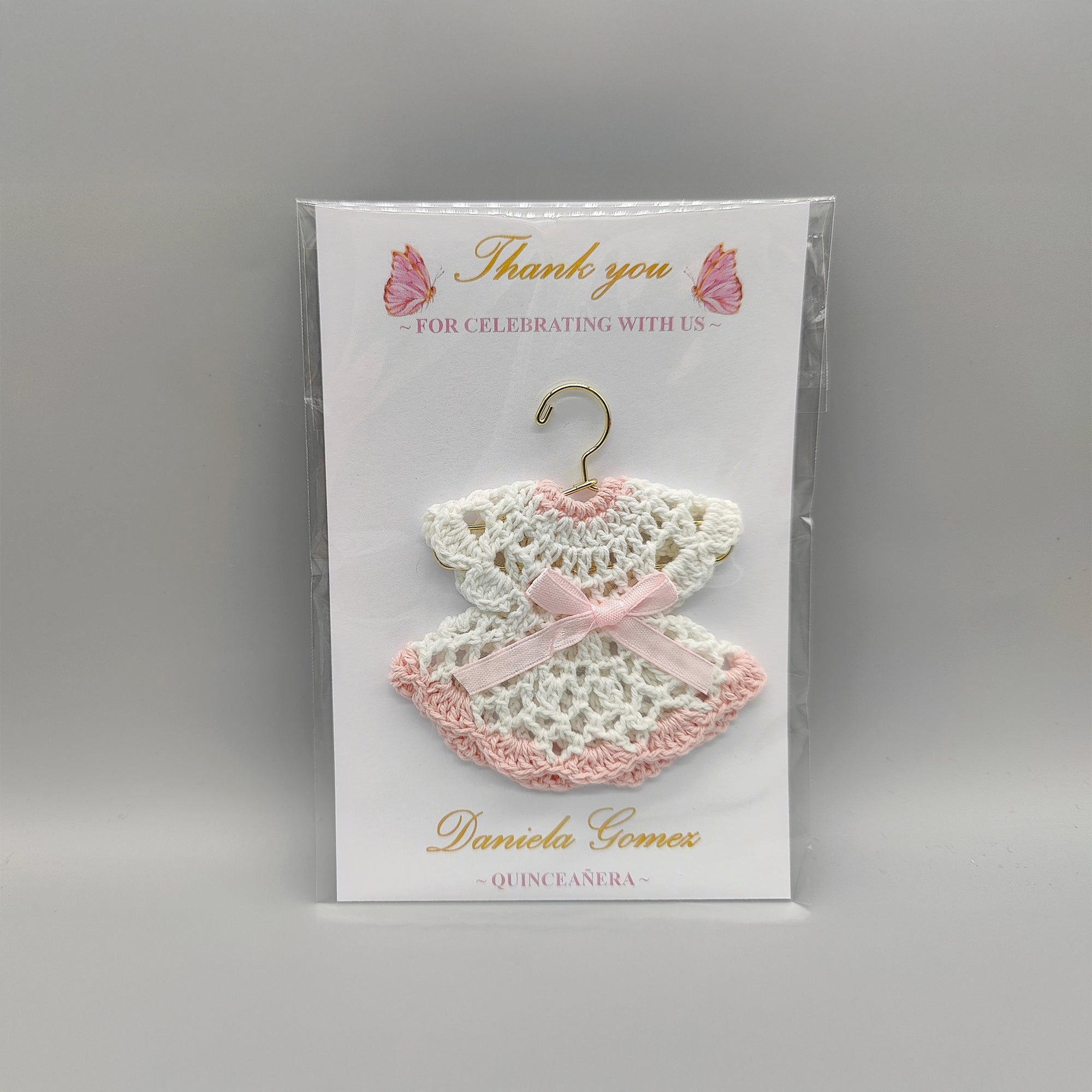 Customized crochet favor dress with pink bow and hanger. Personalized card and dress for Quinceanera or baby shower. FREE SHIPPING! Set of 6