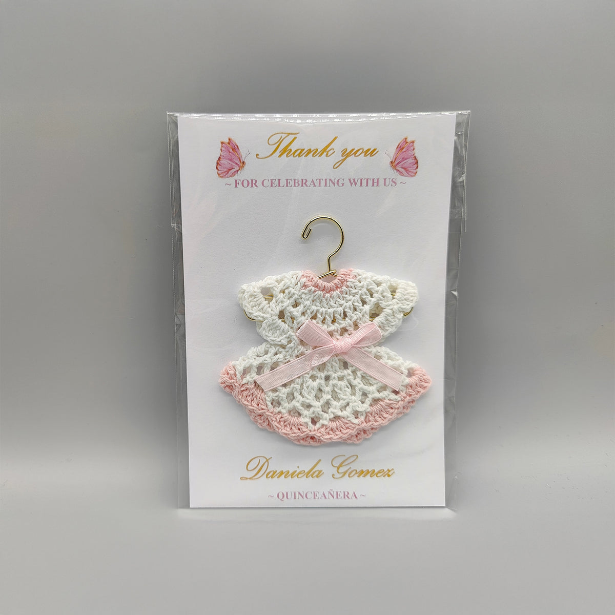Customized crochet favor dress with pink bow and hanger. Personalized card and dress for Quinceanera or baby shower. FREE SHIPPING! Set of 6