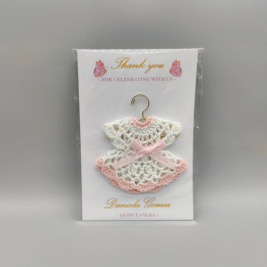 Customized crochet favor dress with pink bow and hanger. Personalized card and dress for Quinceanera or baby shower. FREE SHIPPING! Set of 6