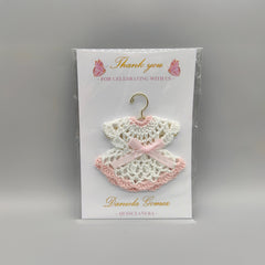 Customized crochet favor dress with pink bow and hanger. Personalized card and dress for Quinceanera or baby shower. FREE SHIPPING! Set of 6