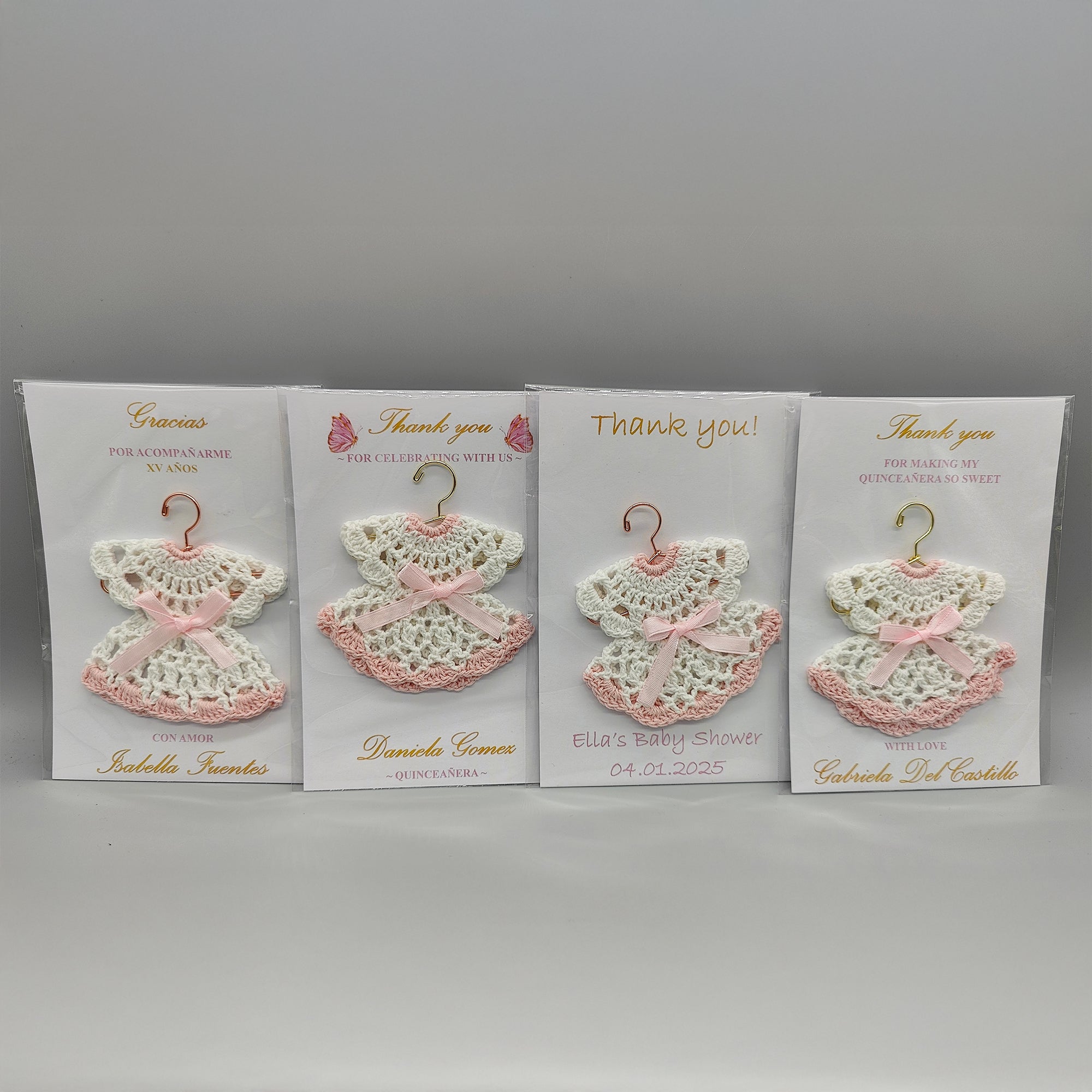 Customized crochet favor dress with pink bow and hanger. Personalized card and dress for Quinceanera or baby shower. FREE SHIPPING! Set of 6
