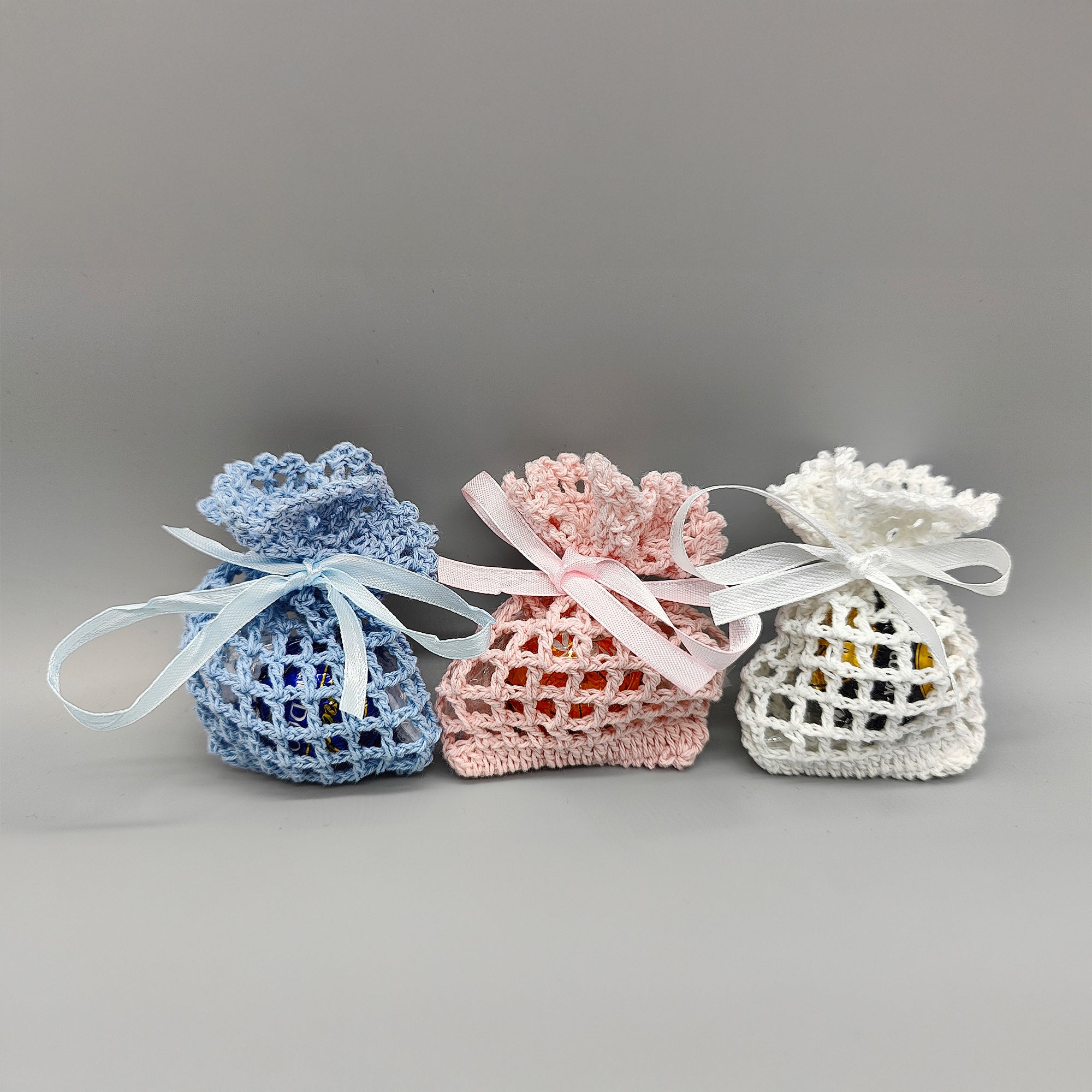 Mini-crochet favor bag - favor sack - Mini favor bag - Baby shower favor, Baby welcome favor bag - Set of 6 - Pink, Blue or White