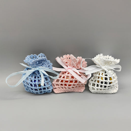 Mini-crochet favor bag - favor sack - Mini favor bag - Baby shower favor, Baby welcome favor bag - Set of 6 - Pink, Blue or White