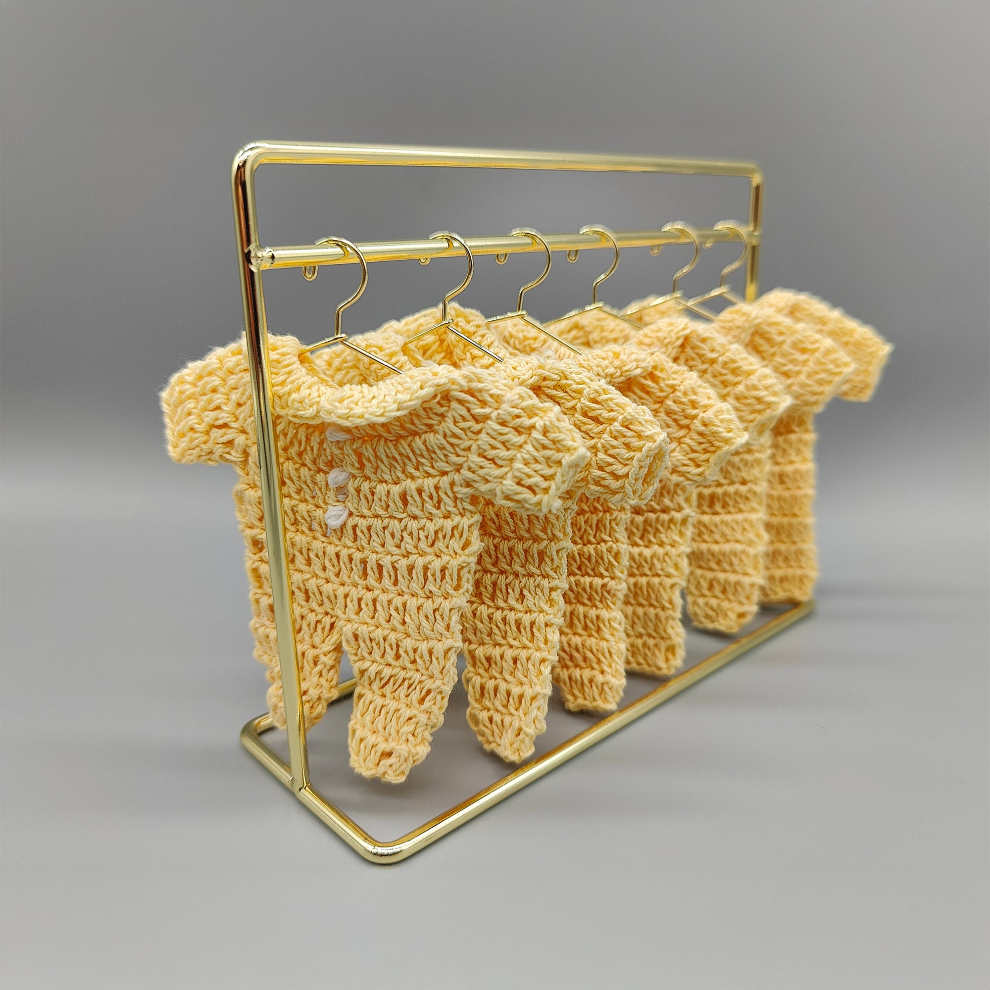 Adorable mini crochet yellow onesie favor, baby outfit, hanger and rack options available, party favor, baby shower, gender reveal, Set of 6