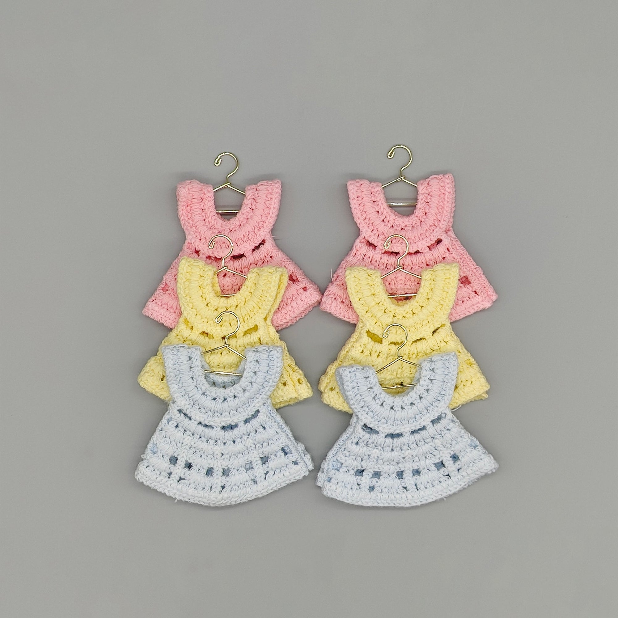 Mini Crochet Dress Baby Shower Favors - Set of 6 with Hangers & Rack Option - Tiny Keepsakes Your Guests Will Love! Pink, Blue, or Yellow
