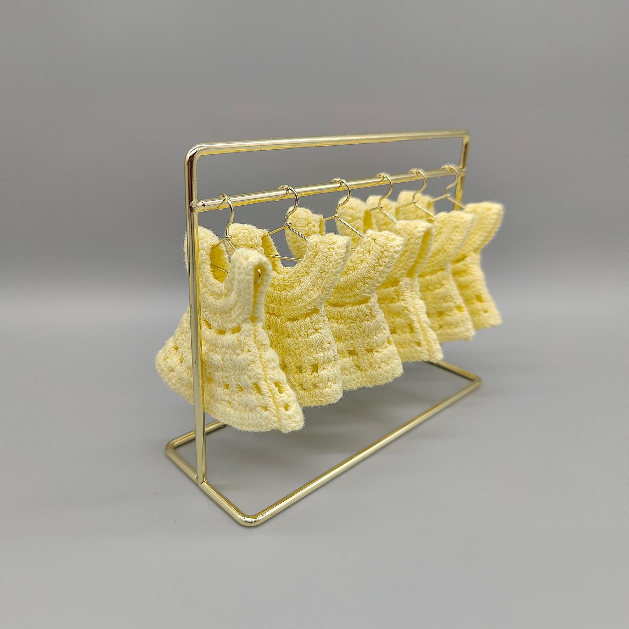 Mini Crochet Dress Baby Shower Favors - Set of 6 with Hangers & Rack Option - Tiny Keepsakes Your Guests Will Love! Pink, Blue, or Yellow