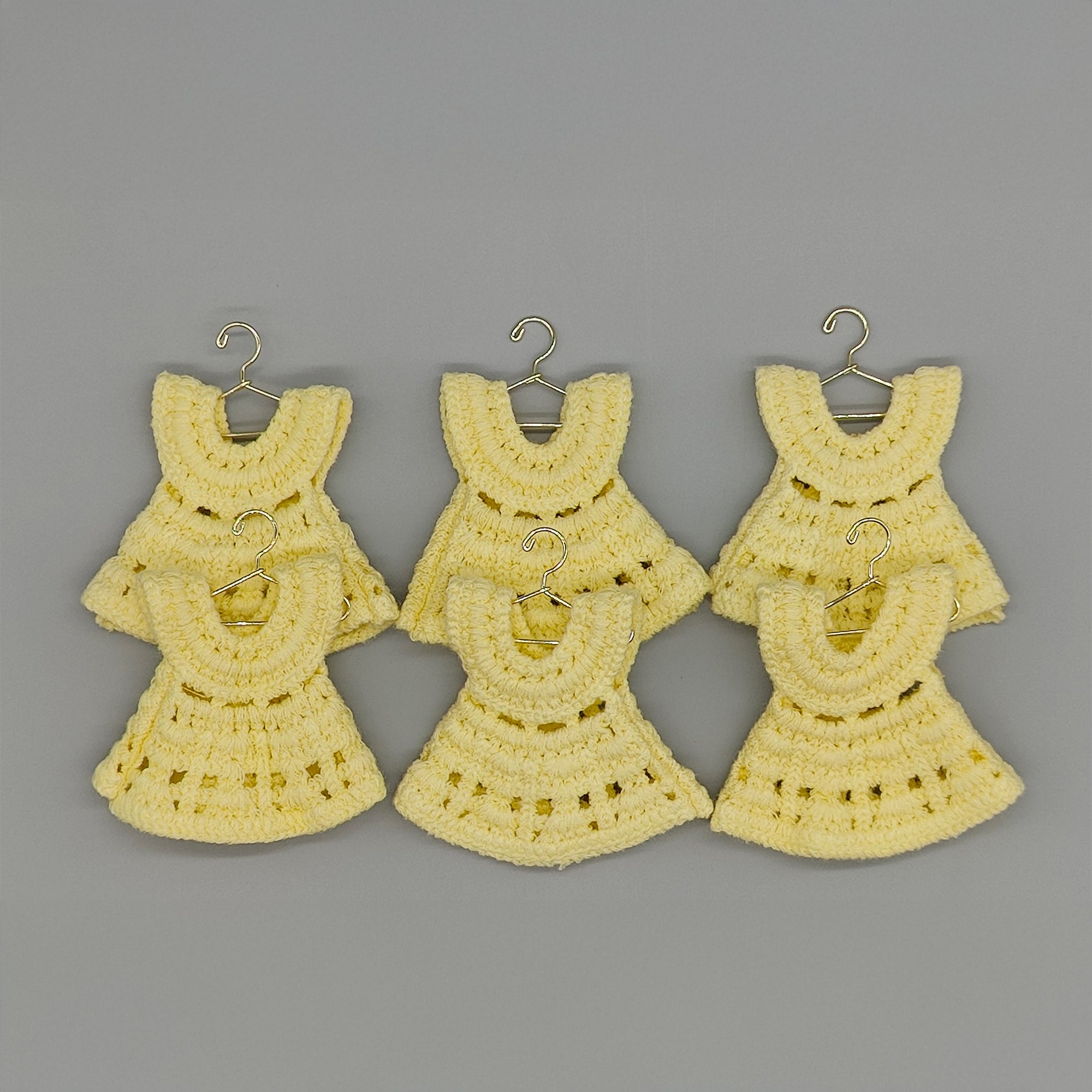 Mini Crochet Dress Baby Shower Favors - Set of 6 with Hangers & Rack Option - Tiny Keepsakes Your Guests Will Love! Pink, Blue, or Yellow