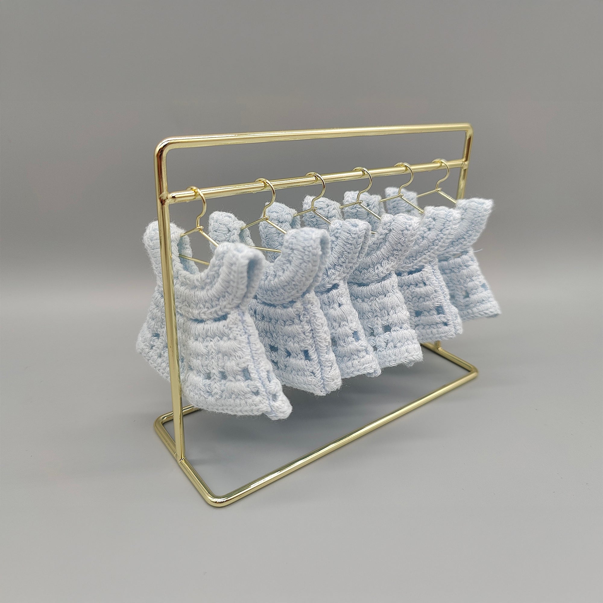 Mini Crochet Dress Baby Shower Favors - Set of 6 with Hangers & Rack Option - Tiny Keepsakes Your Guests Will Love! Pink, Blue, or Yellow