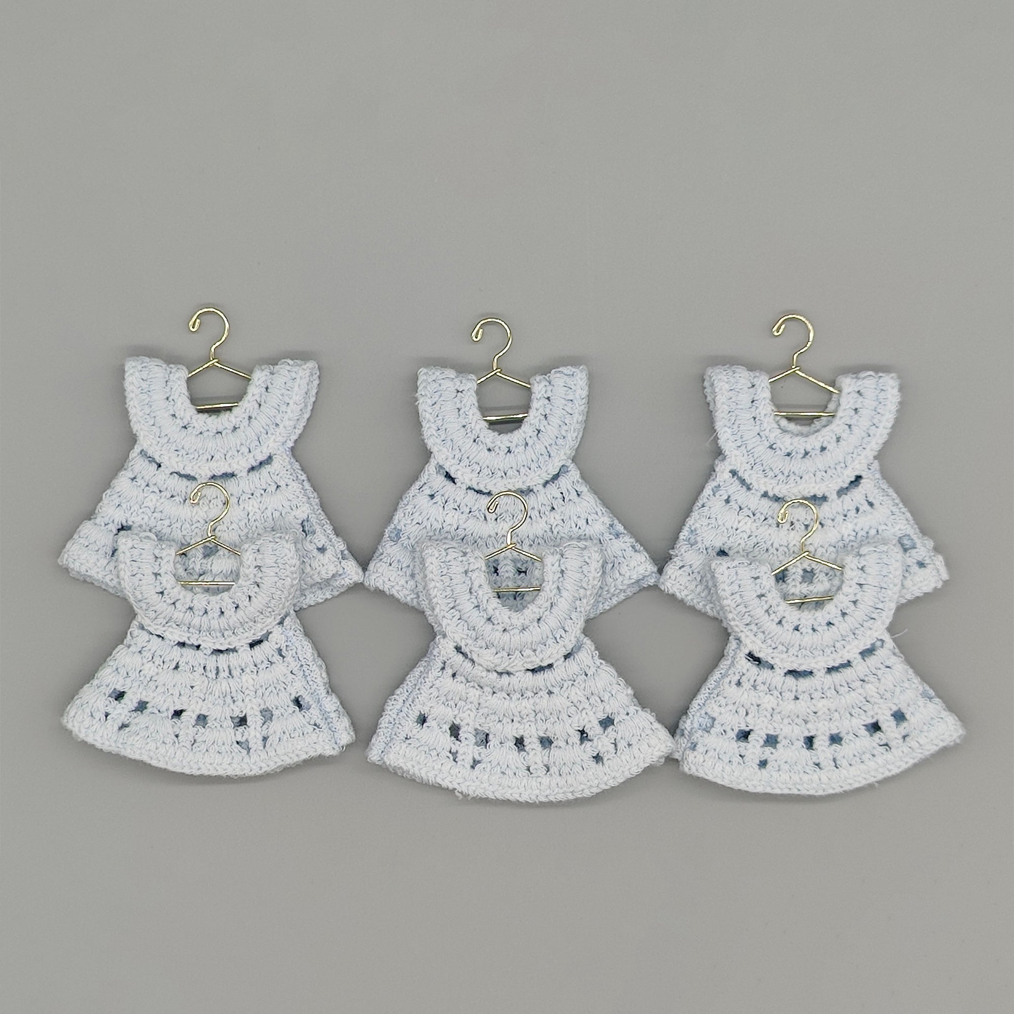 Mini Crochet Dress Baby Shower Favors - Set of 6 with Hangers & Rack Option - Tiny Keepsakes Your Guests Will Love! Pink, Blue, or Yellow