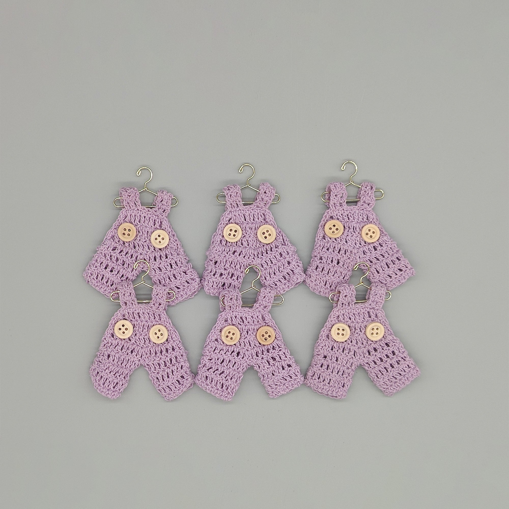 Set of 6 Mini Crochet Lilac Baby Overalls - Baby Shower Favors, Gender Reveal Decor, Birthday Party Gift, Miniature Doll Clothes