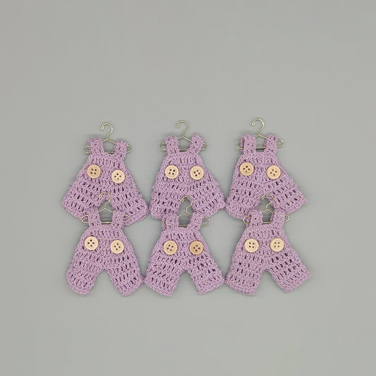 Set of 6 Mini Crochet Lilac Baby Overalls - Baby Shower Favors, Gender Reveal Decor, Birthday Party Gift, Miniature Doll Clothes
