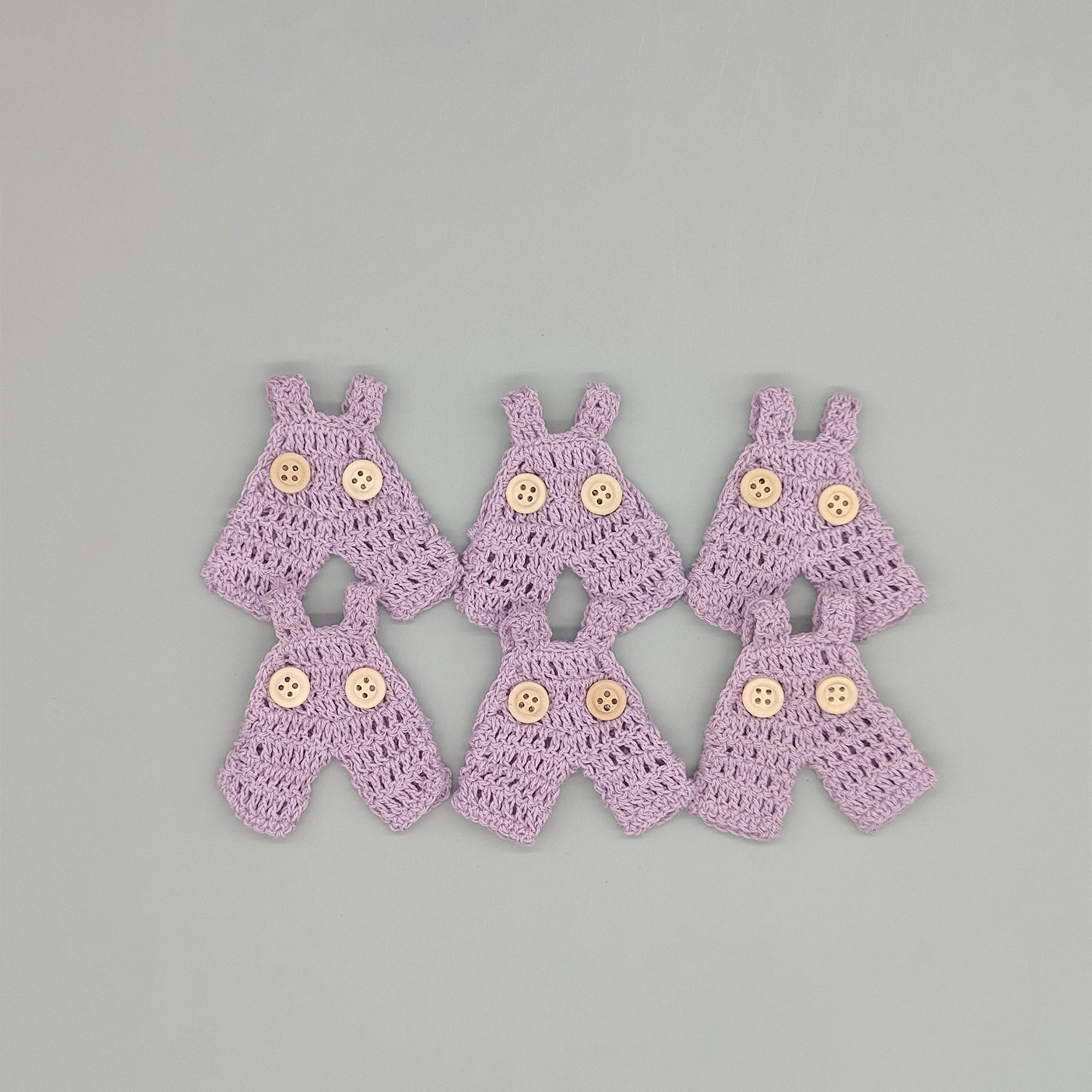 Set of 6 Mini Crochet Lilac Baby Overalls - Baby Shower Favors, Gender Reveal Decor, Birthday Party Gift, Miniature Doll Clothes
