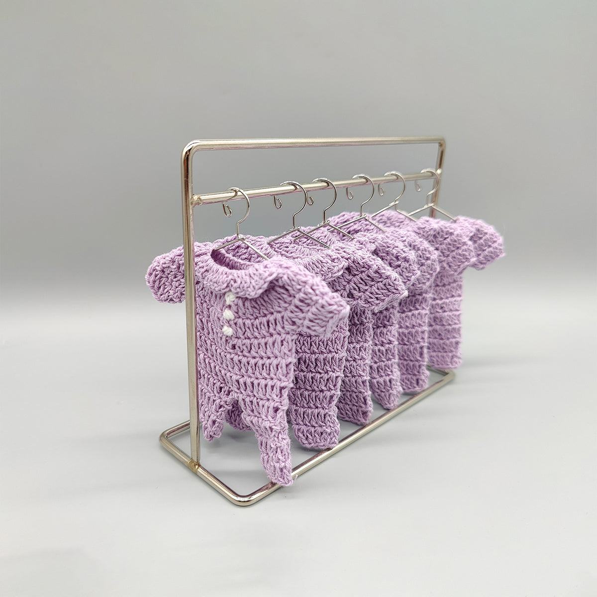 Set of 6 - Baby Lilac Crochet Mini Onesie Party Favor, Baby shower, Baby welcome favors, Crochet mini outfit, with hanger and rack option