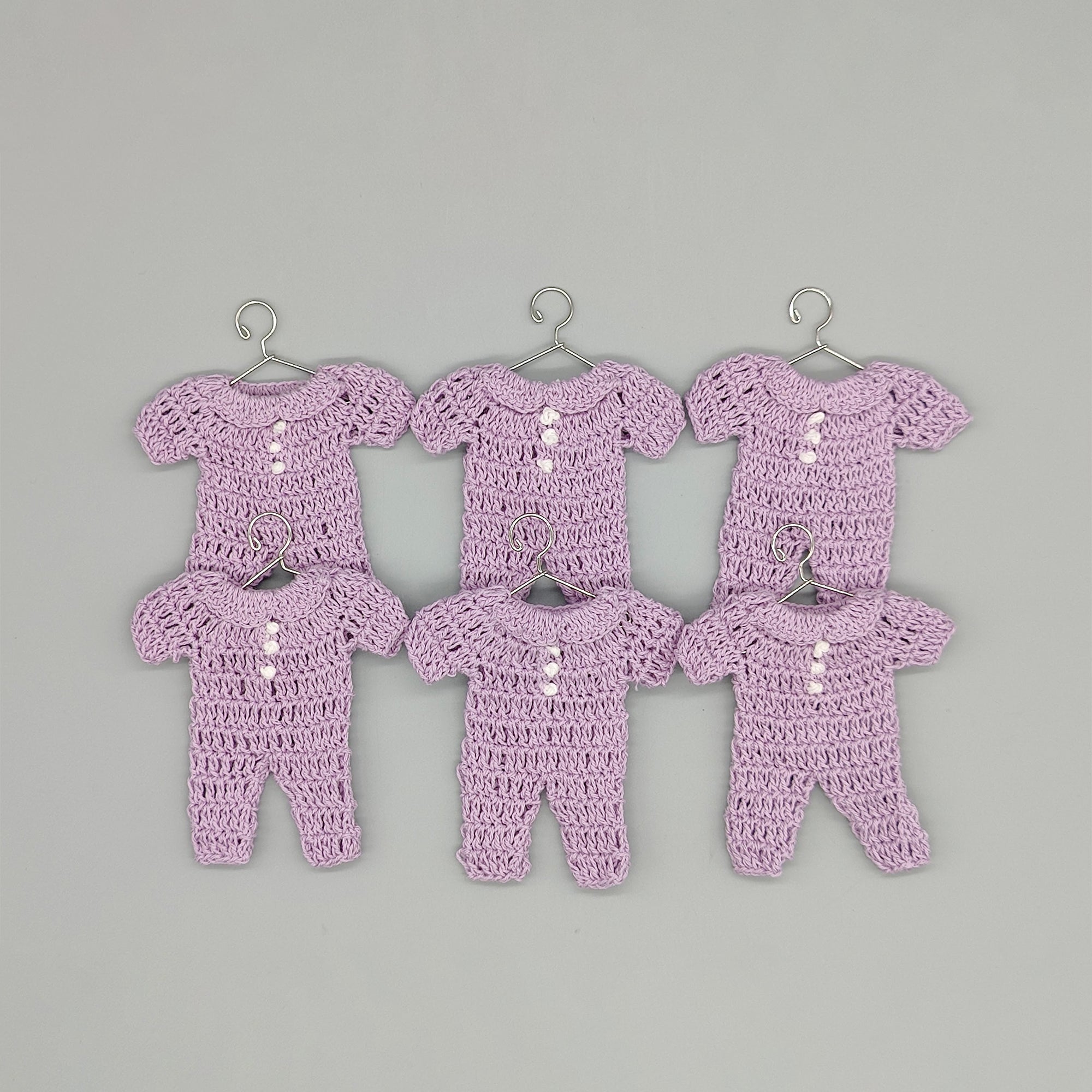 Set of 6 - Baby Lilac Crochet Mini Onesie Party Favor, Baby shower, Baby welcome favors, Crochet mini outfit, with hanger and rack option