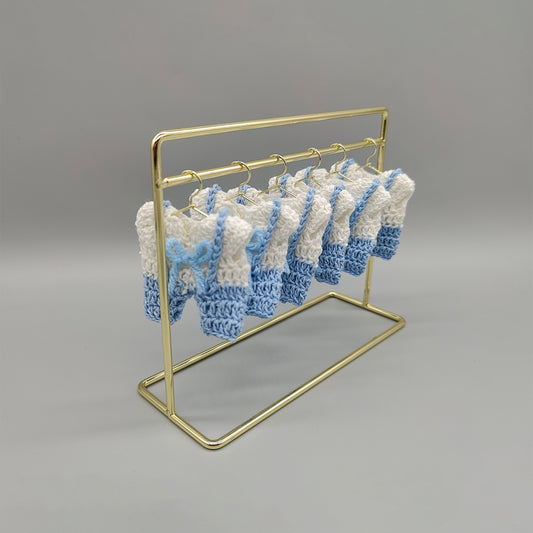 Set of 6 Mini Crochet Baby Overall Favors with bowtie - Baby Shower, Gender Reveal, Baby Welcome - Hanger and box options available!