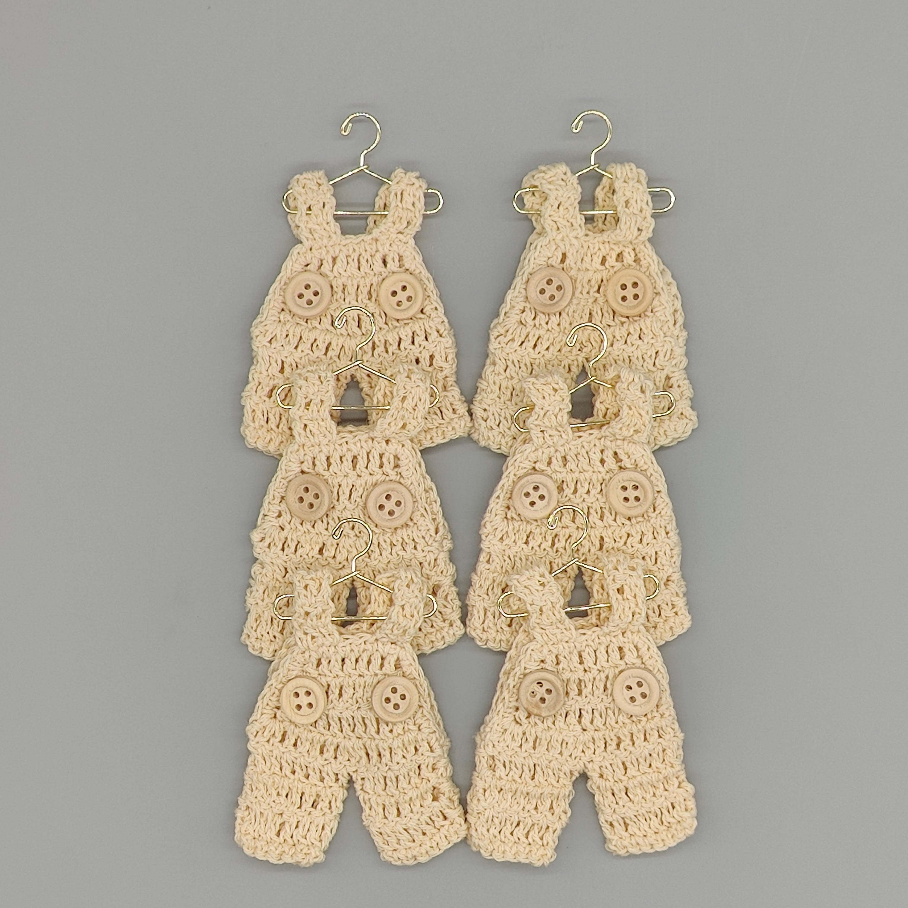 Set of 6 - Baby Overalls, Baby shower favors, Baby Cream, Baby Jumper favors, Crochet mini overalls, hanger with rack option available