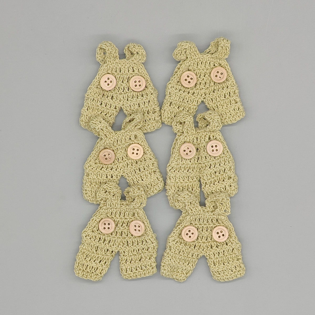 Set of 6 - Baby Overalls, Baby shower favors, Sage Green, Baby Jumper favors, Crochet mini overalls, hanger with rack option available