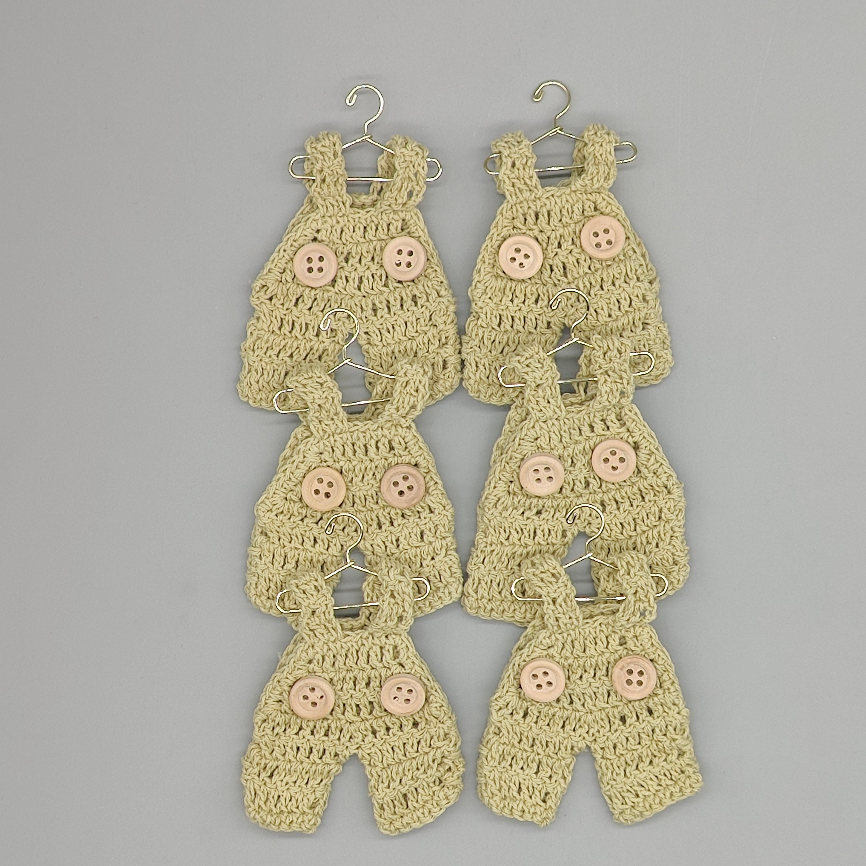 Set of 6 - Baby Overalls, Baby shower favors, Sage Green, Baby Jumper favors, Crochet mini overalls, hanger with rack option available