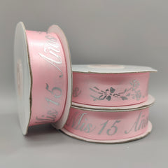25 Yd Mis 15 Años Ribbon - Pink Satin Quinceañera Party Favors Ribbon with Silver Print - 7/8" Floral Print Decor