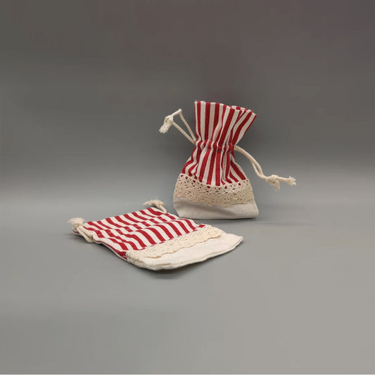 Set of 5 Fabric Favor Bags – Lace Drawstring, Red or Navy Stripe