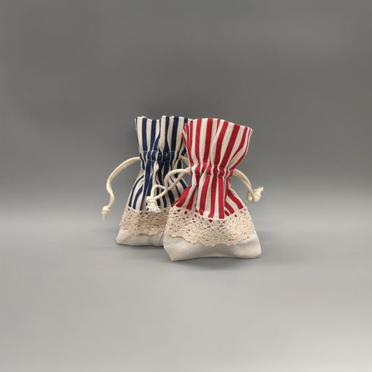 Set of 5 Fabric Favor Bags – Lace Drawstring, Red or Navy Stripe