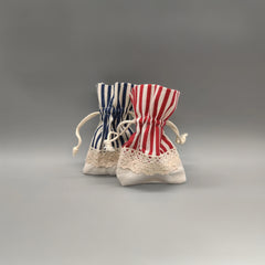 Set of 5 Fabric Favor Bags – Lace Drawstring, Red or Navy Stripe