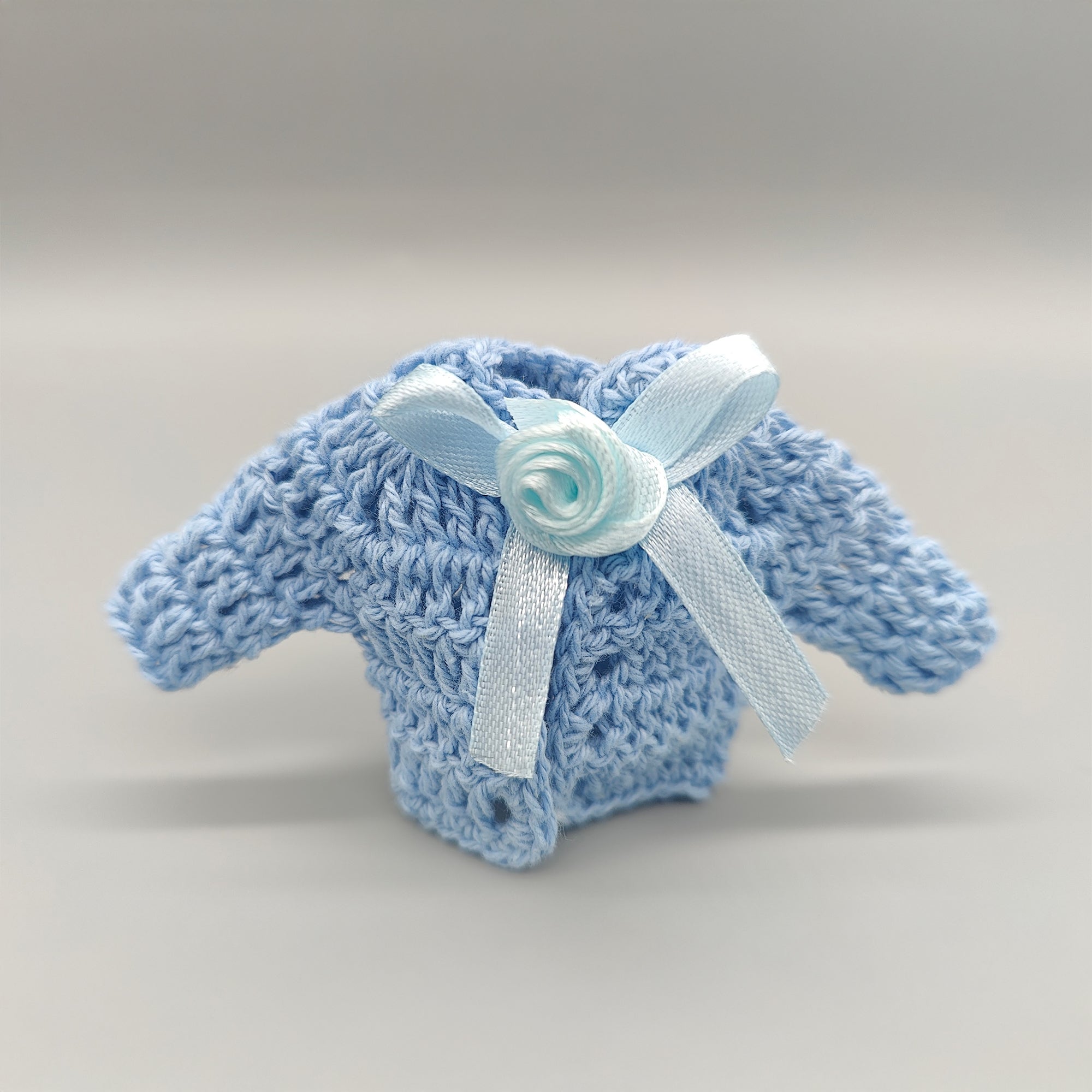 Set of 6 Baby Blue Crochet Mini Jackets with Accent Bow – Baby Shower Favors