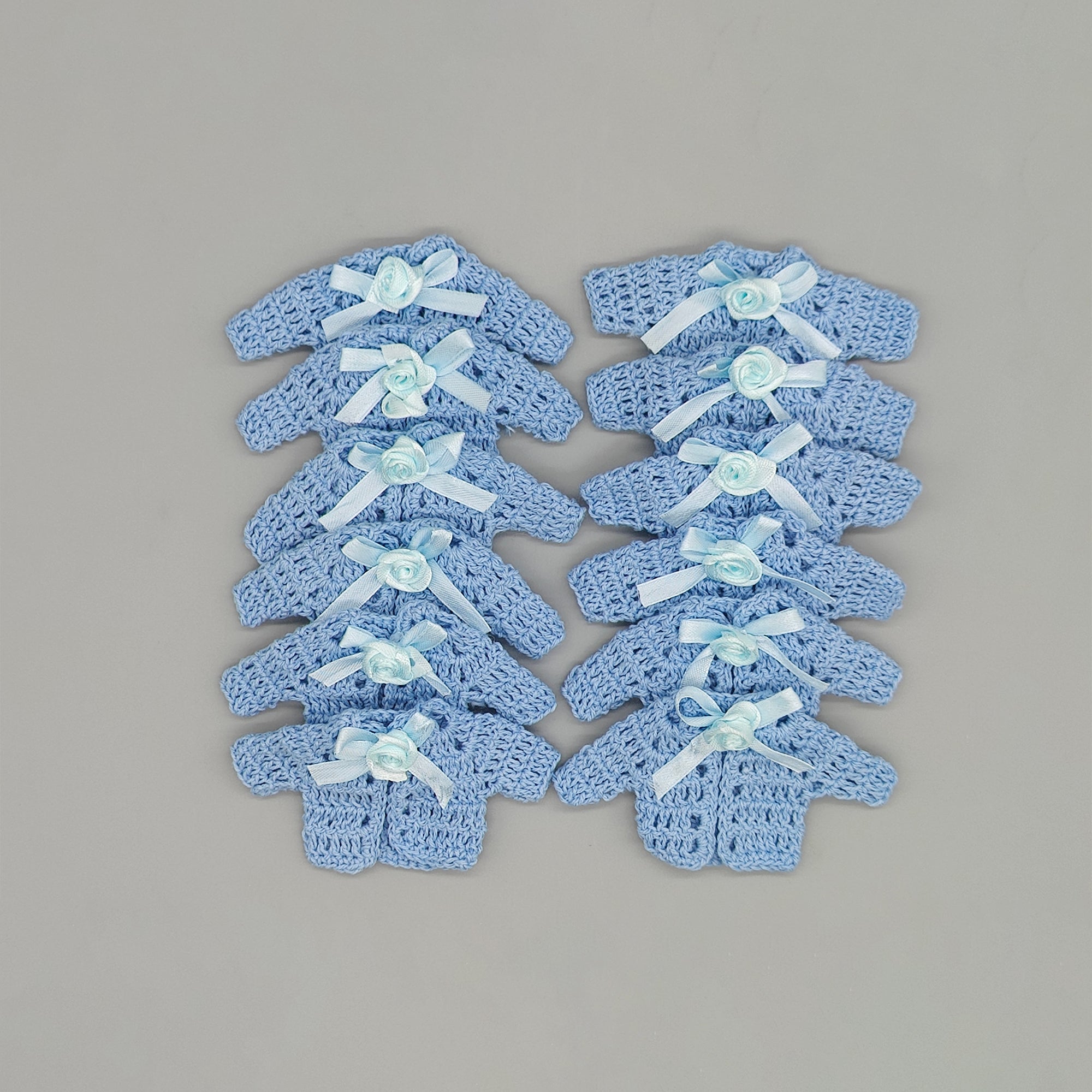 Set of 6 Baby Blue Crochet Mini Jackets with Accent Bow – Baby Shower Favors