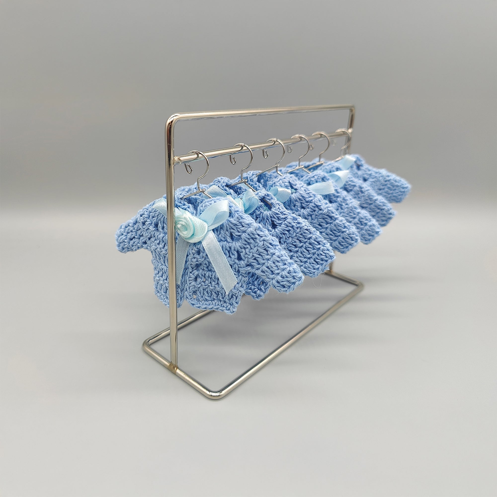 Set of 6 Baby Blue Crochet Mini Jackets with Accent Bow – Baby Shower Favors