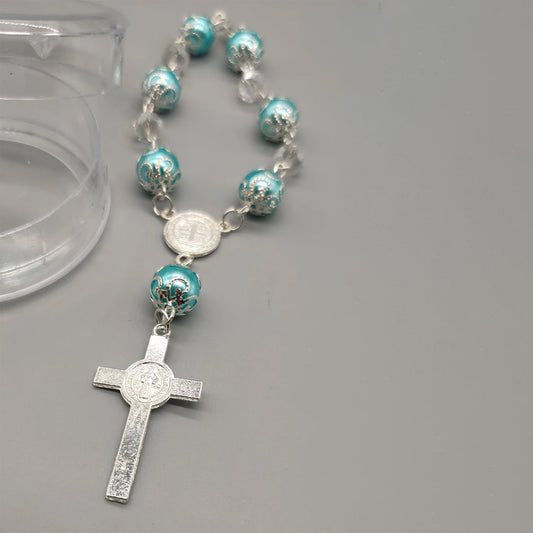 Set of 12 Baby Blue Beaded Rosary Baptism Favors – Silver Crucifix