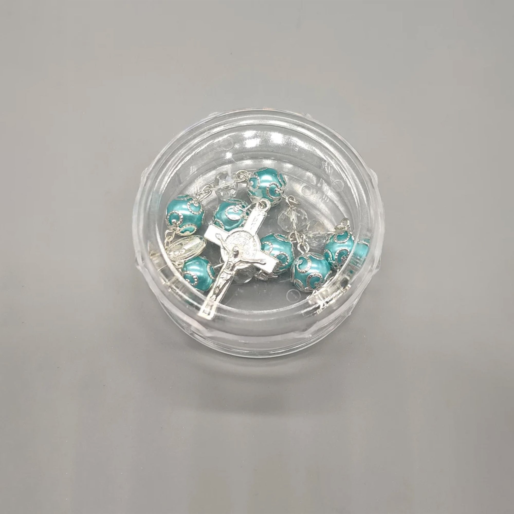 Set of 12 Baby Blue Beaded Rosary Baptism Favors – Silver Crucifix