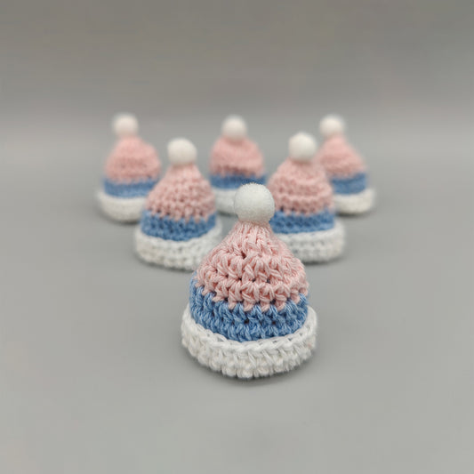 Set of 6 Mini Crochet Beanies – Baby Blue & Pink Shower Favors