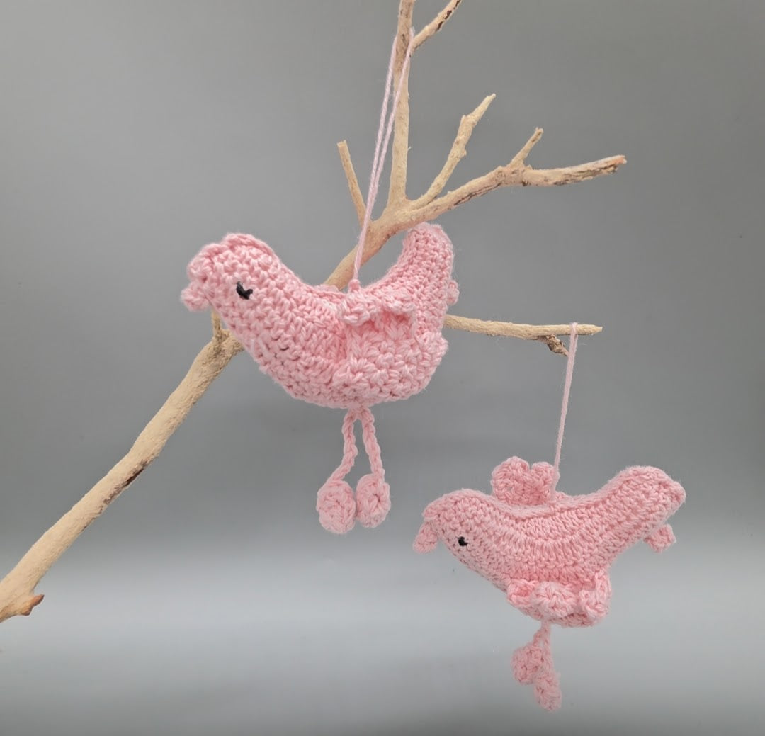 Set of 6 Sweet Pink Crochet Bird Ornaments | Handmade Baby Shower Decor | Nursery Hanging Decoration | Love Bird Party Favors