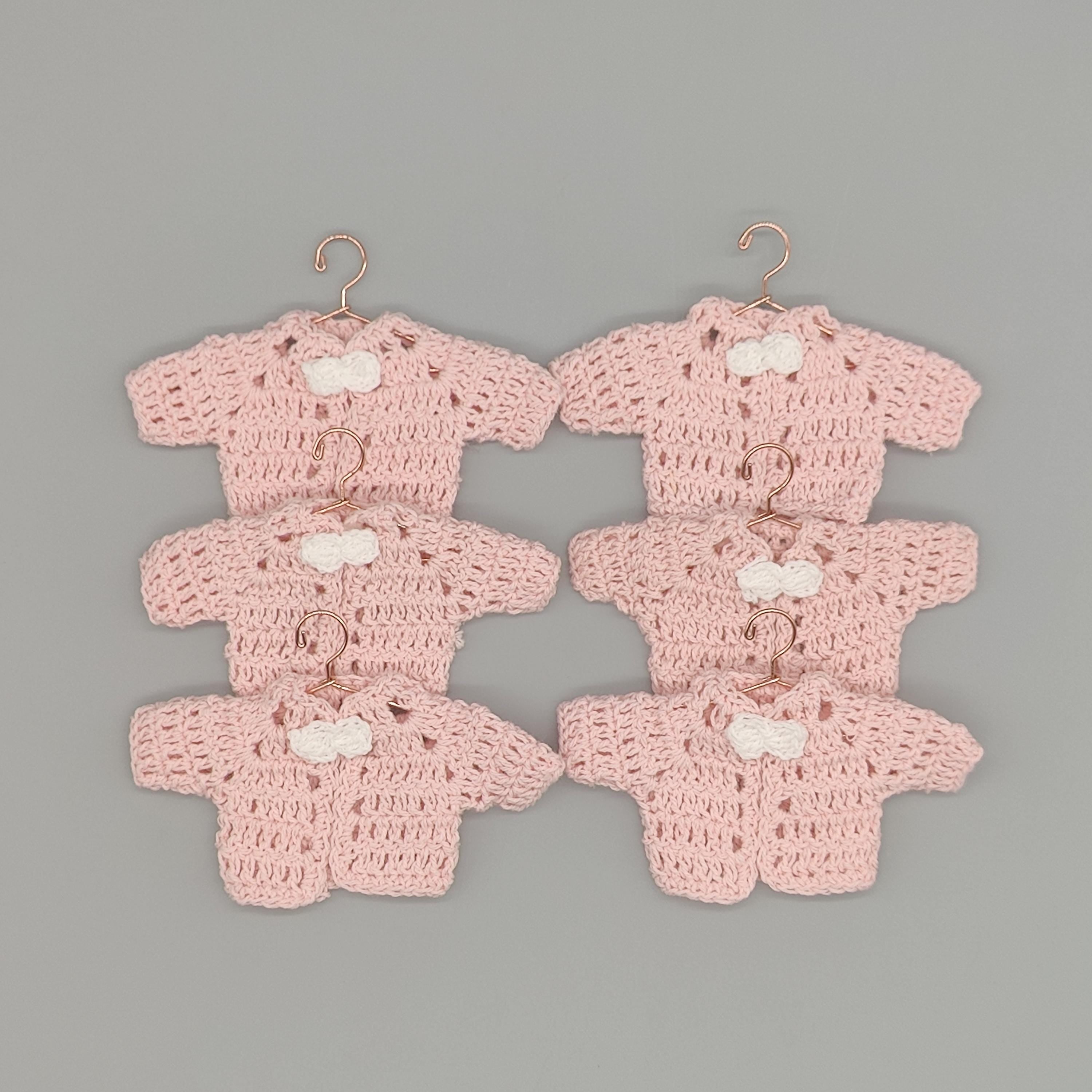 Set of 6 Mini Crochet Baby Jackets in Baby Pink with White Flower & Drawstrings - Shower Favors, Keepsakes, Party Decor