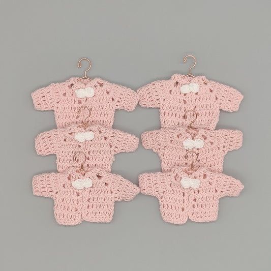 Set of 6 Mini Crochet Baby Jackets in Baby Pink with White Flower & Drawstrings - Shower Favors, Keepsakes, Party Decor