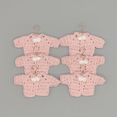 Set of 6 Mini Crochet Baby Jackets in Baby Pink with White Flower & Drawstrings - Shower Favors, Keepsakes, Party Decor