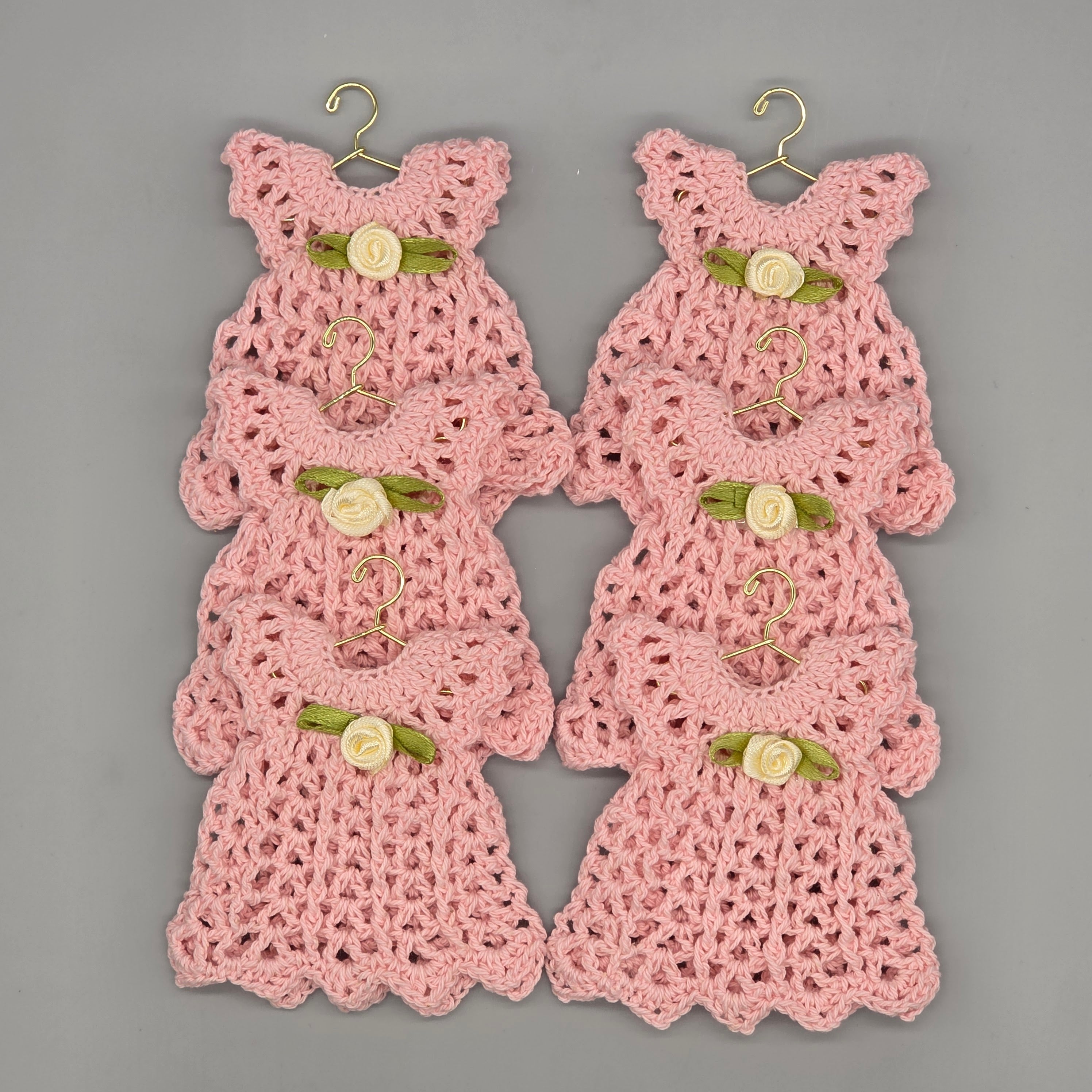Mini Crochet Dress Favors Set of 6 - Pink Baby Shower Decor, Christening Decorations, Tiny Crocheted Dress Keepsakes with Hangers/Rack