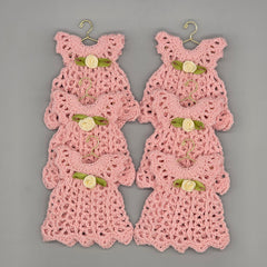 Mini Crochet Dress Favors Set of 6 - Pink Baby Shower Decor, Christening Decorations, Tiny Crocheted Dress Keepsakes with Hangers/Rack