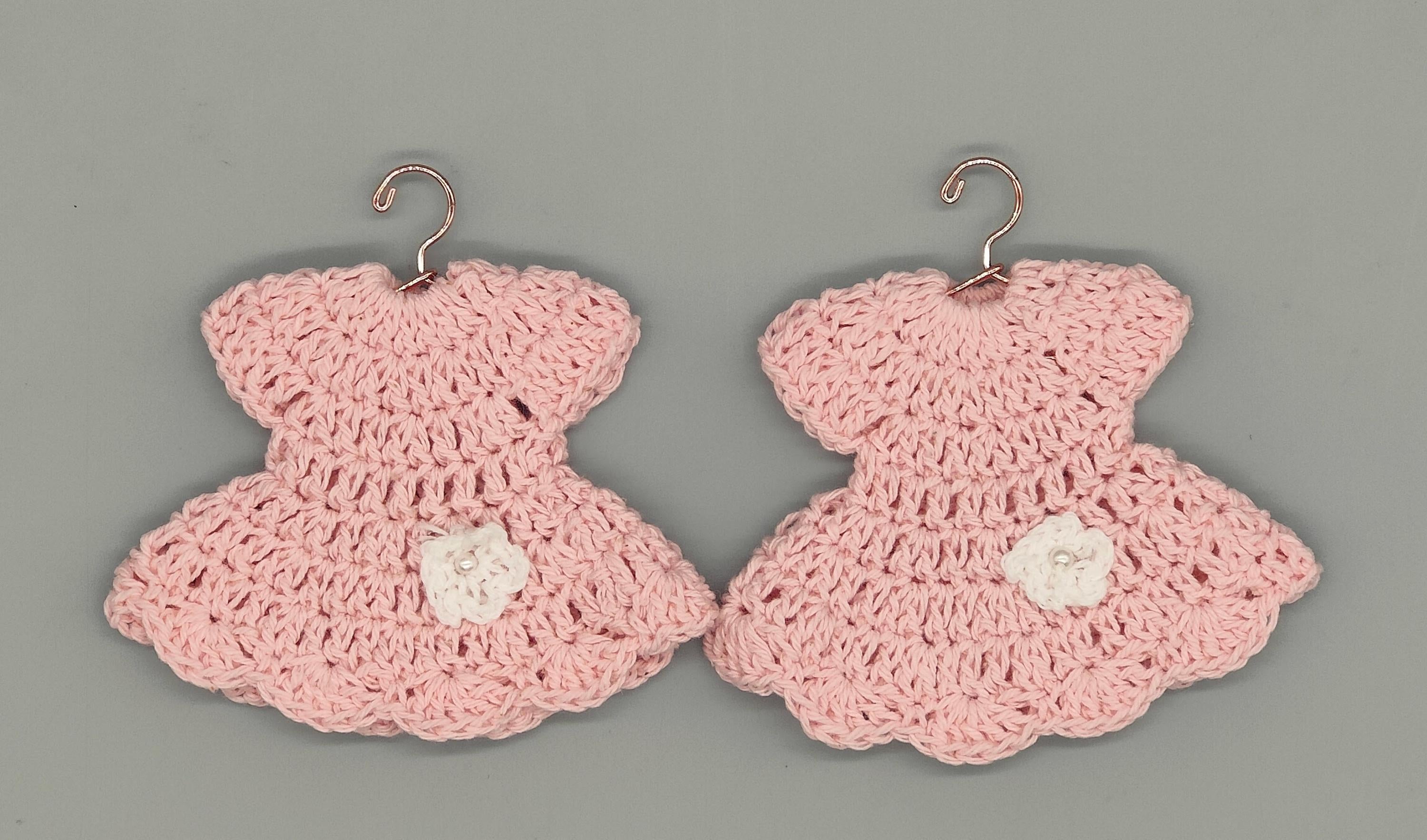 Set of 6 Pink Crochet Baby Dress Favors with White Flower