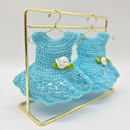 Sky Blue Aqua Blue Mini Crochet Dress Favors, Baby Shower Sweet 16 Quinceanera Decor, Tiny Crocheted Dresses with Gold Hangers and Rack